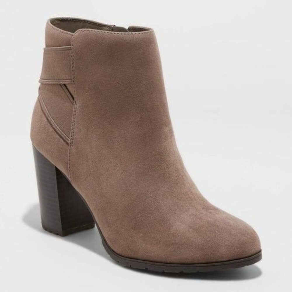 Brown Faux Suede Ankle Boots With Chunky Heel & Side Zipper